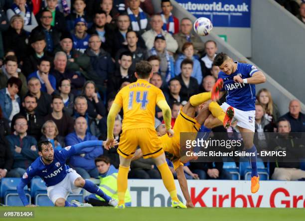 Preston North End's Jermaine Beckford tries an overhead kick as Chesterfield's Sam Morsy challenges