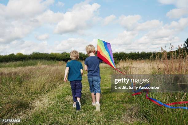 relaxed parenting - people flying kites stockfoto's en -beelden