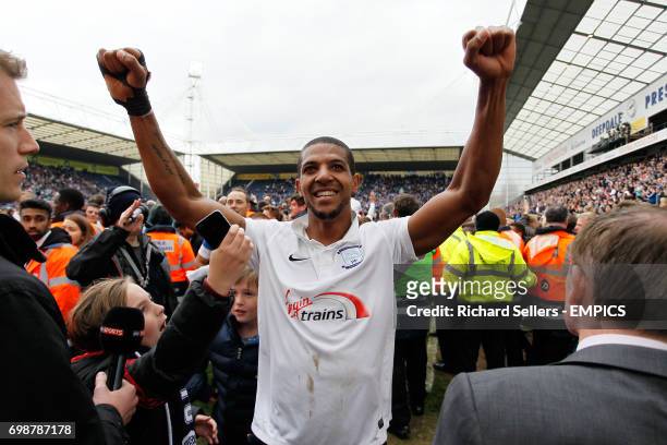 Preston's Jermaine Beckford celebrates victory after the final whistle