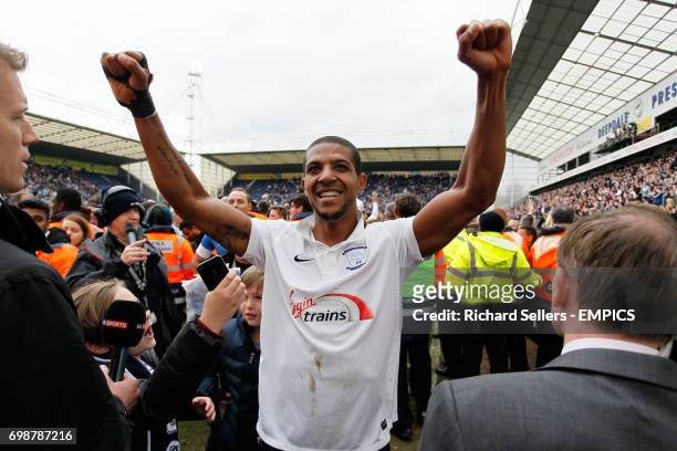 Preston's Jermaine Beckford celebrates victory after the final whistle