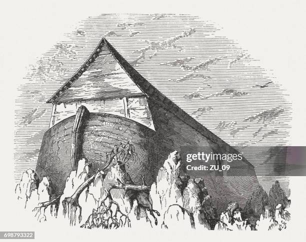noah's ark (genesis 8), wood engraving, published 1886 - noahs ark stock illustrations