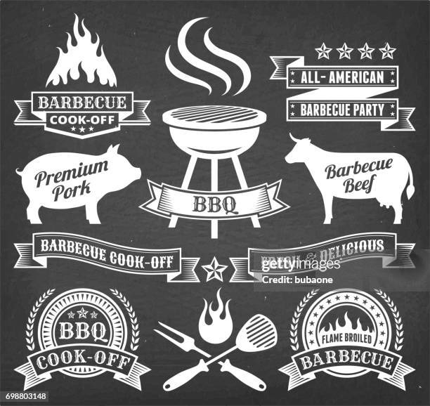 summer barbecue royalty free vector icon set on chalk board - rib food stock illustrations