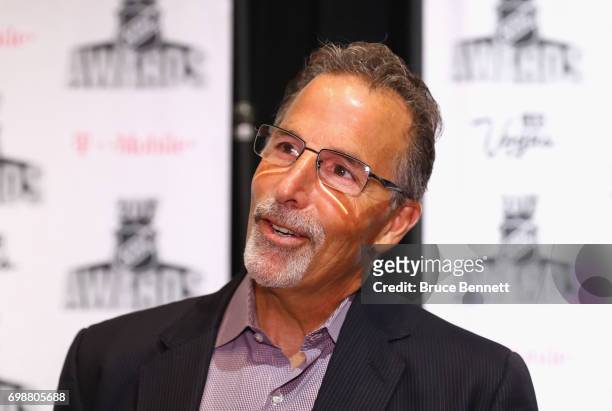 Head coach John Tortorella of the Columbus Blue Jackets is interviewed during media availability for the 2017 NHL Awards at Encore Las Vegas on June...