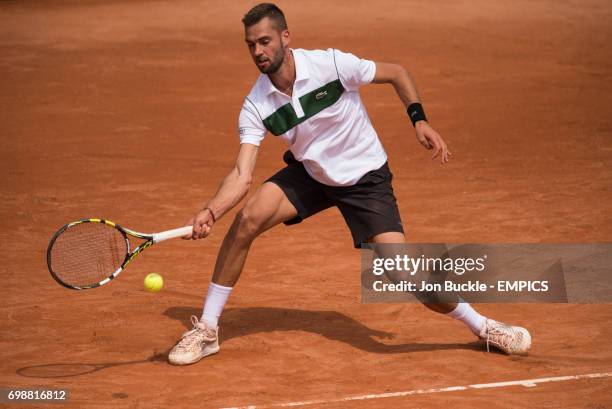 Benoit Paire in action during his 1st round men's singles match against Gastao Elias on day two of the French Open at Roland Garros on May 25, 2015...