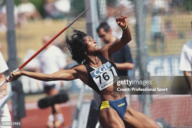 English track and field athlete Denise Lewis competes in the javelin discipline of the heptathlon event at the Amateur Athletics Association...