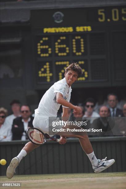 Croatian tennis player Goran Ivanisevic pictured in action competing to lose to Boris Becker, 6-4, 6-7, 0-6, 6-7 in the semifinals of the Men's...