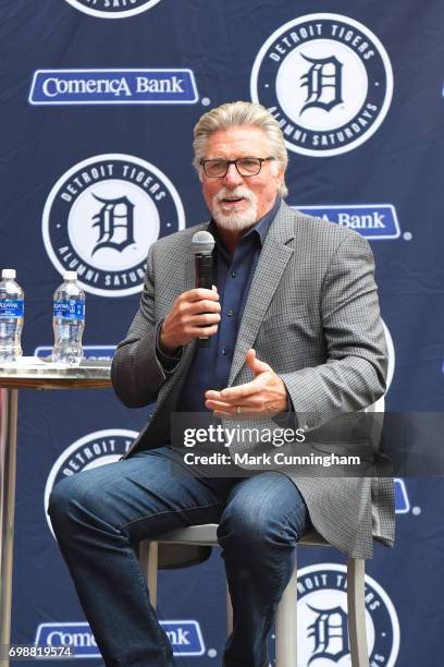 Former Detroit Tigers pitcher Jack Morris talks to fans during a Q & A session prior to the game between the Detroit Tigers and the Chicago White Sox...