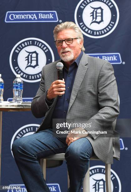 Former Detroit Tigers pitcher Jack Morris talks to fans during a Q & A session prior to the game between the Detroit Tigers and the Chicago White Sox...