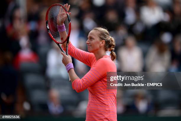 Petra Kvitova celebrates victory after her 1st round women's singles match against Marina Erakovic on day three of the French Open at Roland Garros...