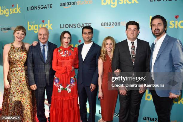 Emily V. Gordon, Anupam Kher, Zoe Kazan, Kumail Nanjiani, Holly Hunter, Michael Showalter, and Ray Romao attend "The Big Sick" New York Premiere at...