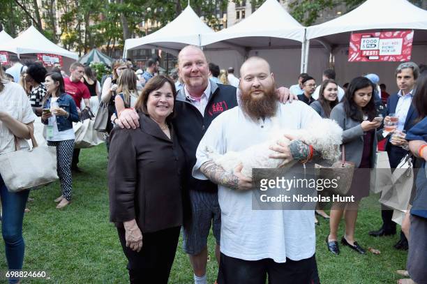 Chefs Ina Garten, Mario Batali, and Action Bronson pose at EAT Food & Film Fest! at Bryant Park on June 20, 2017 in New York City.