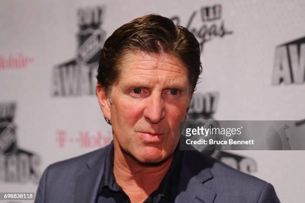 Head coach Mike Babcock of the Toronto Maple Leafs is interviewed during media availability for the 2017 NHL Awards at Encore Las Vegas on June 20,...