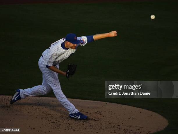 Starting pitcher Mike Montgomery of the Chicago Cubs delivers the ball against the San Diego Padres at Wrigley Field on June 20, 2017 in Chicago,...