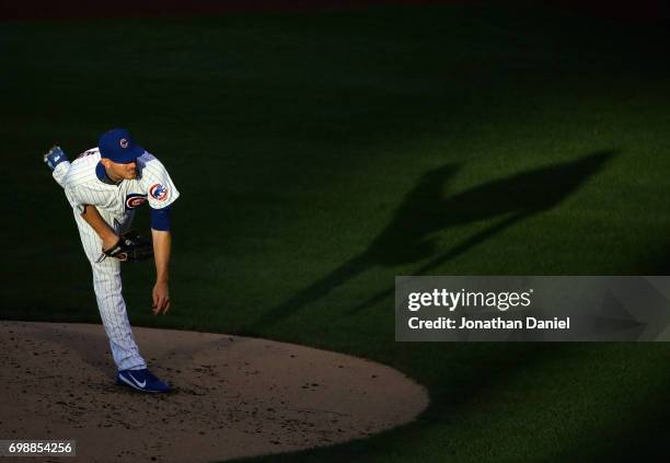 Starting pitcher Mike Montgomery of the Chicago Cubs delivers the ball against the San Diego Padres at Wrigley Field on June 20, 2017 in Chicago,...