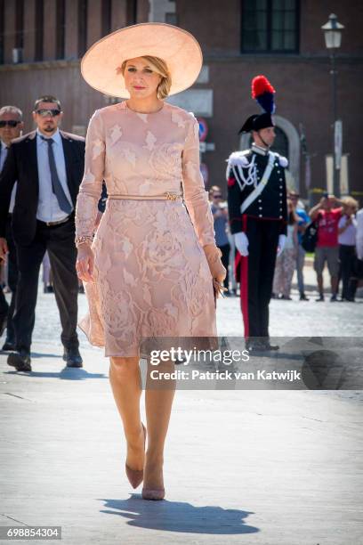 Queen Maxima of The Netherlands attends a commemoration ceremony and lay down a wreath at the Altare della Patria during the first day of a royal...