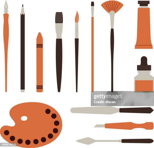 artist tools, palette, paints and brush - illustration - sketch pad stock illustrations