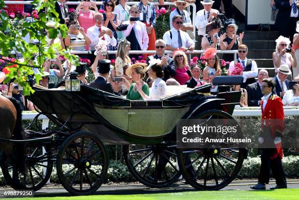 Catherine, Duchess of Cambridge and Sophie, Countess of Wessex arrive in an open carriage to attend the first day off Royal Ascot 2017 at Ascot...