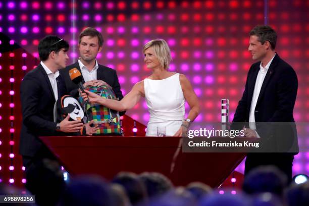 Florian Michajlezko, Oliver Steinki, Barbara Hahlweg and Sven-Oliver Pink attend the Deutscher Gruenderpreis on June 20, 2017 in Berlin, Germany.