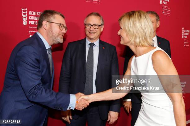 Christian Krug , Georg Fahrenschon and Barbara Hahlweg attend the Deutscher Gruenderpreis on June 20, 2017 in Berlin, Germany.