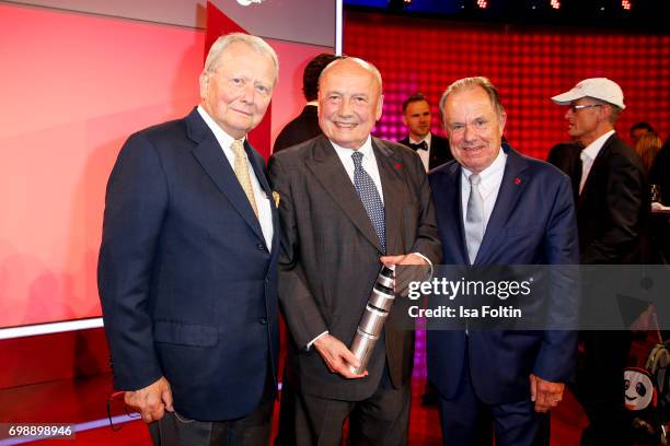 Wolfgang Porsche award winner Friedrich von Metzler and Joerg Sennheiser attend the Deutscher Gruenderpreis on June 20, 2017 in Berlin, Germany.