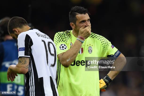 Gianluigi Buffon of Juventus reacts after his side's 1-4 defeat in the UEFA Champions League final match between Juventus and Real Madrid at National...
