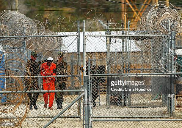 Marines transport a detainee behind layers of fencing and razorwire in Camp X-Ray February 6, 2002 in Guantanamo Bay, Cuba. Some of the 156 Al-Qaeda...