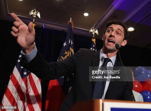 Democratic candidate Jon Ossoff delivers a concession speech during his election night party being held at the Westin Atlanta Perimeter North Hotel...