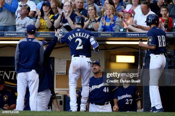 Nick Franklin of the Milwaukee Brewers celebrates with teammates after hitting a home run in the second inning against the Pittsburgh Pirates at...