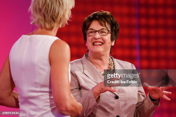German presenter Barbara Hahlweg and German politician Brigitte Zypries attend the Deutscher Gruenderpreis on June 20, 2017 in Berlin, Germany.