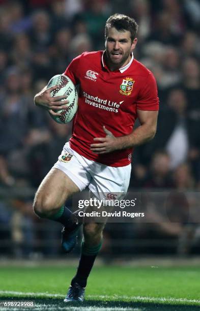 Jared Payne of the Lions runs with the ball during the match between the Chiefs and the British & Irish Lions at Waikato Stadium on June 20, 2017 in...