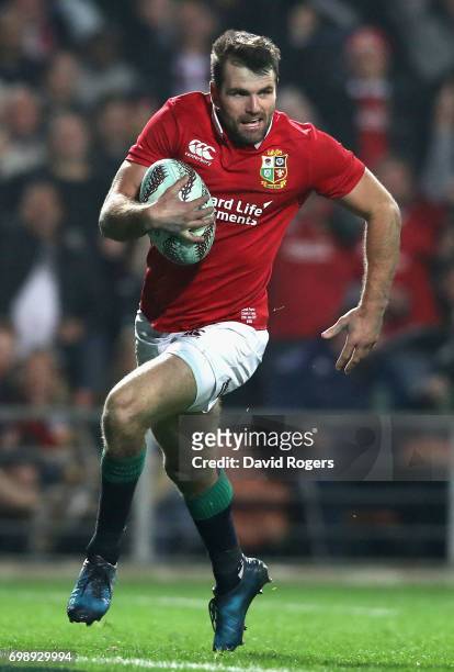 Jared Payne of the Lions runs with the ball during the match between the Chiefs and the British & Irish Lions at Waikato Stadium on June 20, 2017 in...