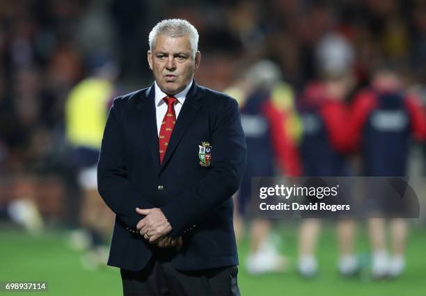 Warren Gatland, the Lions head coach looks on during the match between the Chiefs and the British & Irish Lions at Waikato Stadium on June 20, 2017...