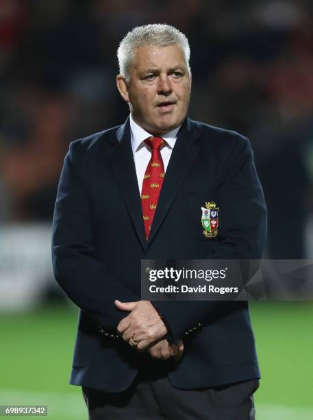 Warren Gatland, the Lions head coach looks on during the match between the Chiefs and the British & Irish Lions at Waikato Stadium on June 20, 2017...