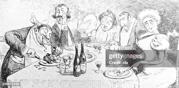 people at dinner with one man standing out with bad manners - awkward dinner stock illustrations
