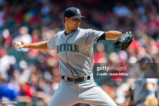 Starting pitcher Chase De Jong of the Seattle Mariners pitches during the first inning against the Cleveland Indians at Progressive Field on April...