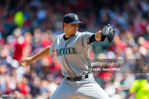 Starting pitcher Chase De Jong of the Seattle Mariners pitches during the first inning against the Cleveland Indians at Progressive Field on April...