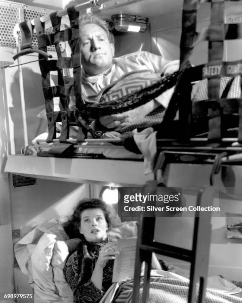 Actors Spencer Tracy as Pat Jamieson and Katharine Hepburn as Jamie Rowan in the romantic comedy film 'Without Love', 1945.