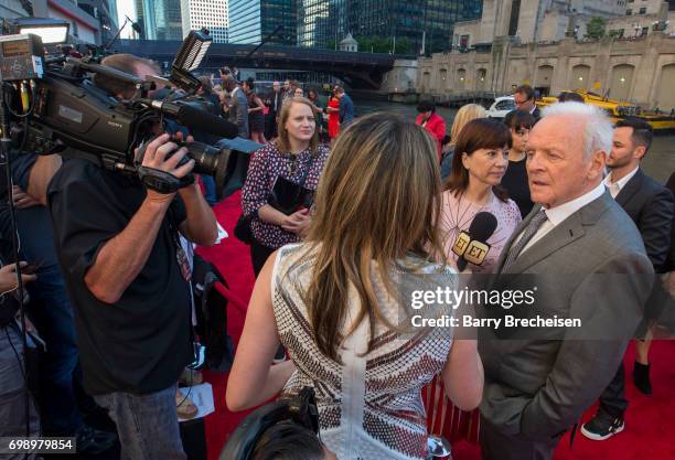 Stella Arroyave and Anthony Hopkins appear at the Transformers: The Last Knight Chicago premiere at Civic Opera Building on June 20, 2017 in Chicago,...