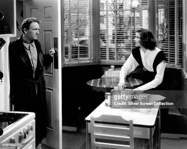 Actors Spencer Tracy as Sam Craig and Katharine Hepburn as Tess Harding in the romantic comedy film 'Woman of the Year', 1942.