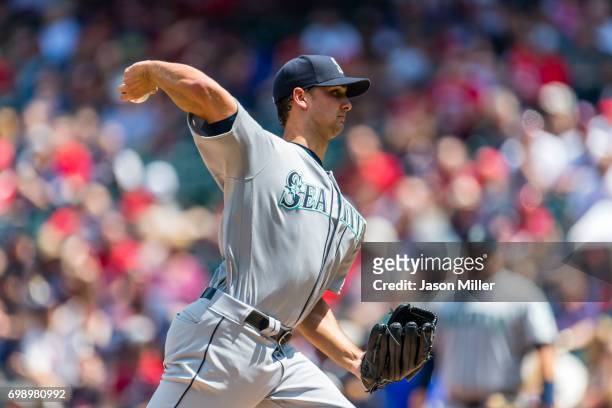 Starting pitcher Chase De Jong of the Seattle Mariners pitches during the first inning against the Cleveland Indians at Progressive Field on April...