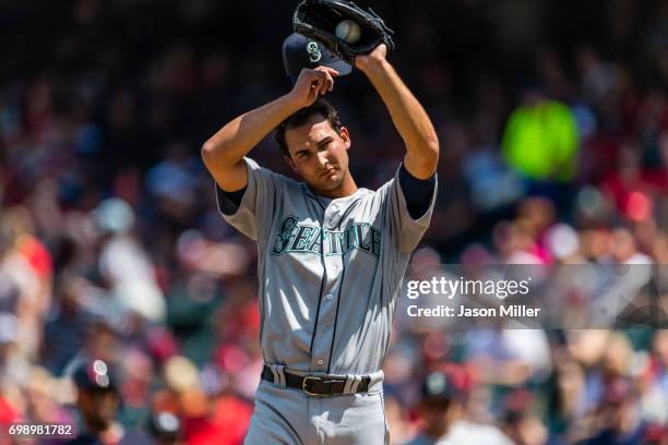 Starting pitcher Chase De Jong of the Seattle Mariners reacts during the first inning against the Cleveland Indians at Progressive Field on April 30,...