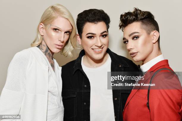 Jeffree Star, Manny Gutierrez and James Charles celebrate The Launch Of KKW Beauty on June 20, 2017 in Los Angeles, California.