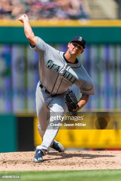 Starting pitcher Chase De Jong of the Seattle Mariners pitches during the third inning against the Cleveland Indians at Progressive Field on April...