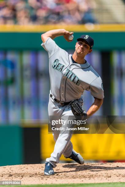 Starting pitcher Chase De Jong of the Seattle Mariners pitches during the third inning against the Cleveland Indians at Progressive Field on April...