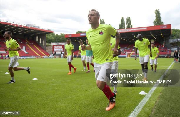 Charlton players warm up before the game.