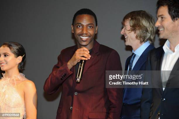 Jerrod Carmichael and Michael Bay speak onstage at the US premiere of "Transformers: The Last Knight" at the Civic Opera House on June 20, 2017 in...