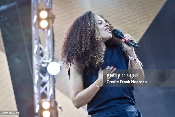 Singer Joy Denalane performs live on stage during the Peace X Peace Festival at the Waldbuehne on June 18, 2017 in Berlin, Germany.