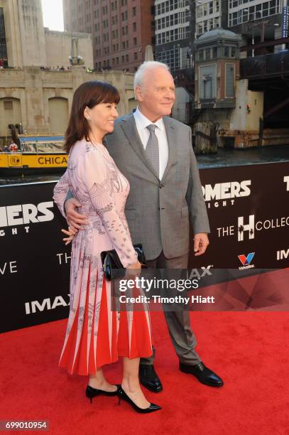 Stella Arroyave and Sir Anthony Hopkins attend the US premiere of "Transformers: The Last Knight" at the Civic Opera House on June 20, 2017 in...