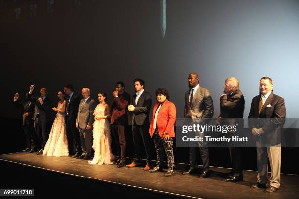Cast and Crew speak onstate at the US premiere of "Transformers: The Last Knight" at the Civic Opera House on June 20, 2017 in Chicago, Illinois.