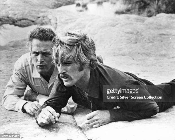 American actors Robert Redford as The Sundance Kid, and Paul Newman as Butch Cassidy in 'Butch Cassidy and the Sundance Kid', directed by George Roy...